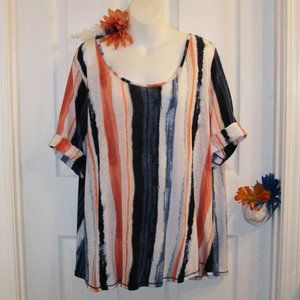 CATO Est 1946 18/20W 2X Striped Pullover Top Cuffed Short Slv Orange Navy White